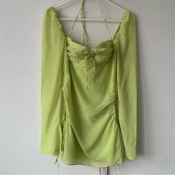 NWT House of CB Baby Lime Green Chiffon Cutout Halter Long Sleeve Mini Dress - Picture 4 of 11